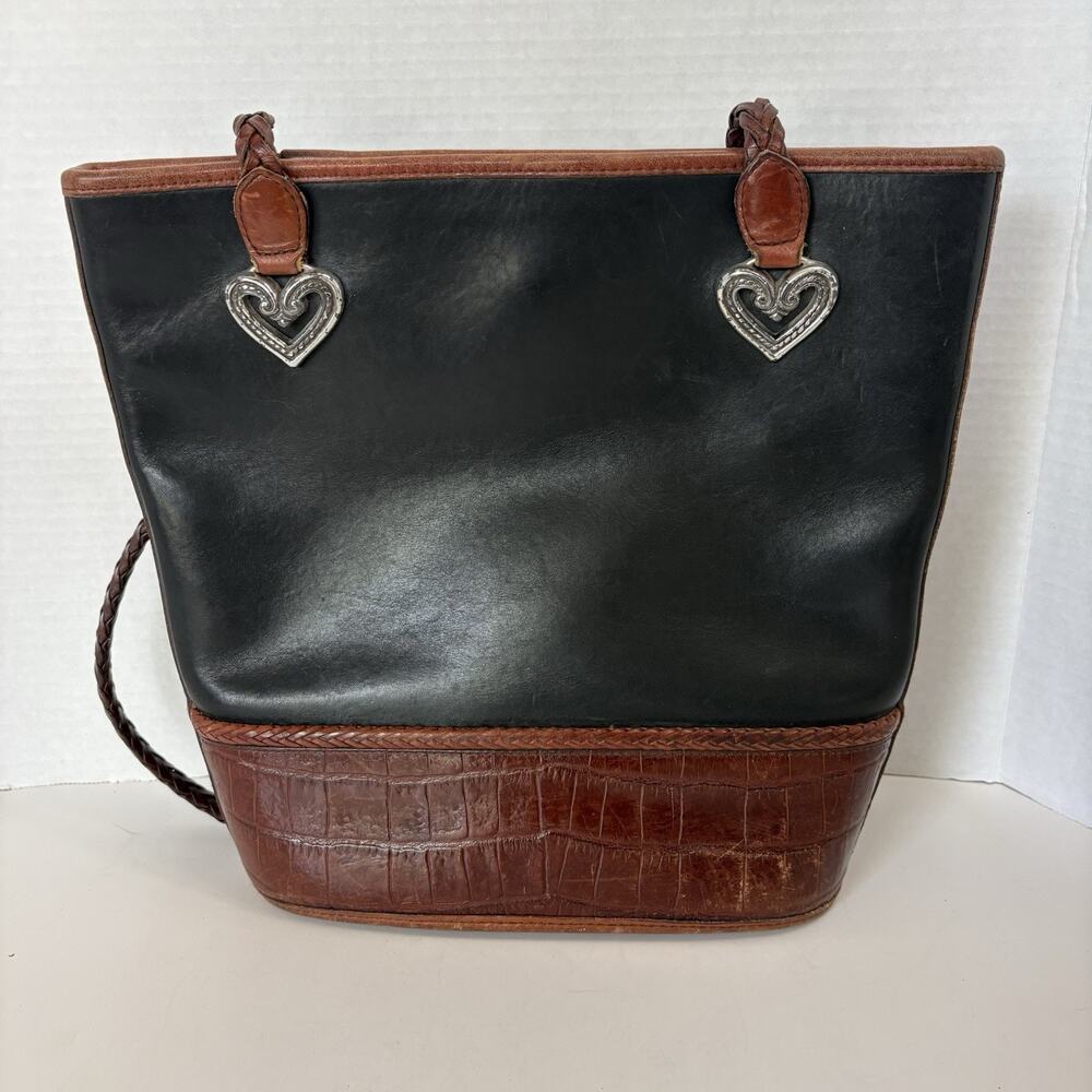 Brighton Black‎ & Brown Croc Embossed Shoulder Bag Bucket Handbag Leather 90’s